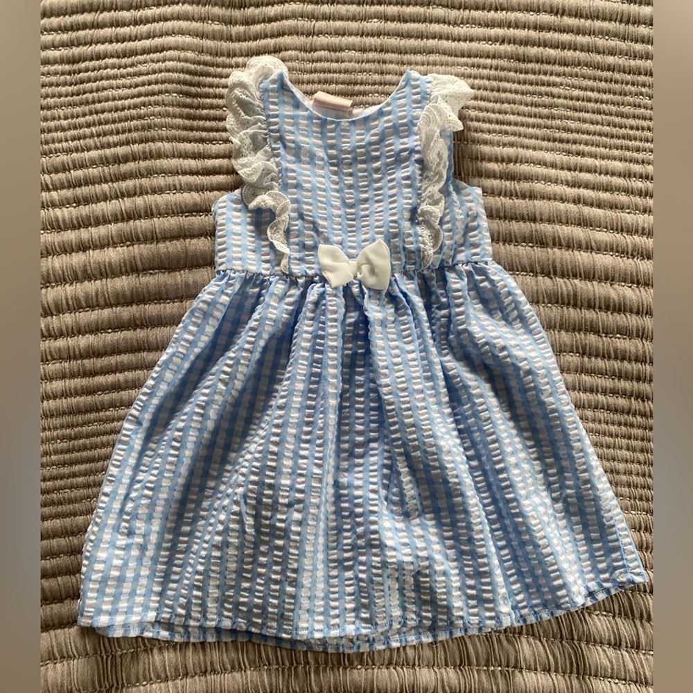 gingham Blue & White Seersucker Bow Dress for Girls ruffle buttons check 4T
